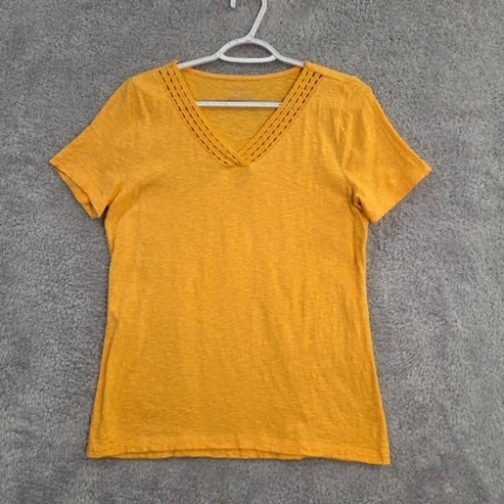 Talbots V-Neck Tee Women Small Yellow Crochet Lace Trim Cotton Slub Short Sleeve
